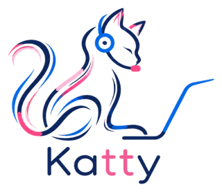 Logo de Katty, una gatita con audífonos frente a un computador