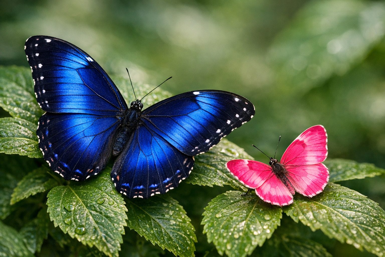 Mariposa azul y mariposa rosada sobre hojas verdes, símbolo de Sratco